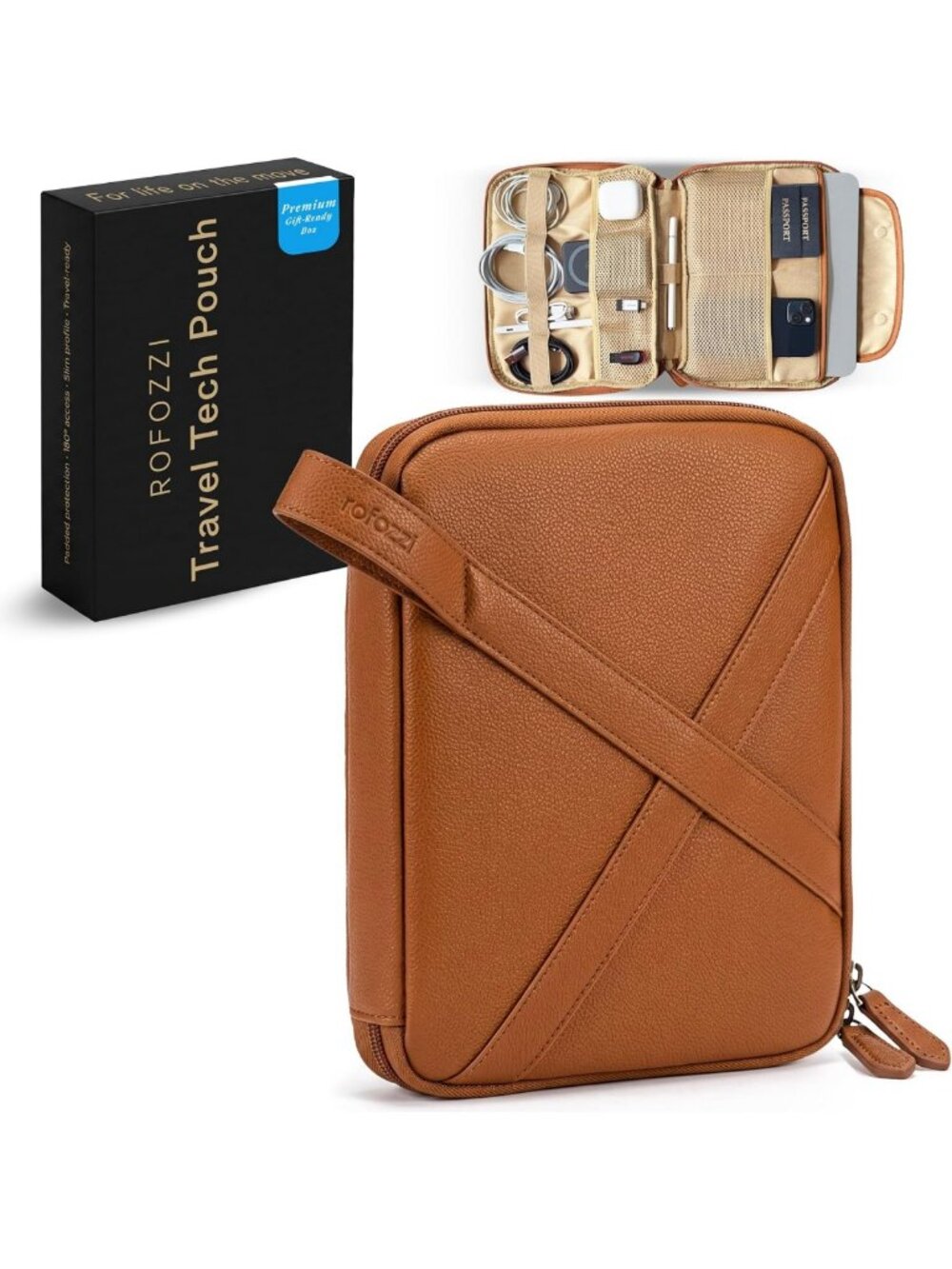 Vegan Leather Travel Tech Organizer Pouch with Tablet Sleeve & Passport Pockets